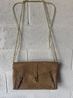 W. H. Petronela Tan Ostrich-Texture Leather Crossbody Bag with Gold Chain $825